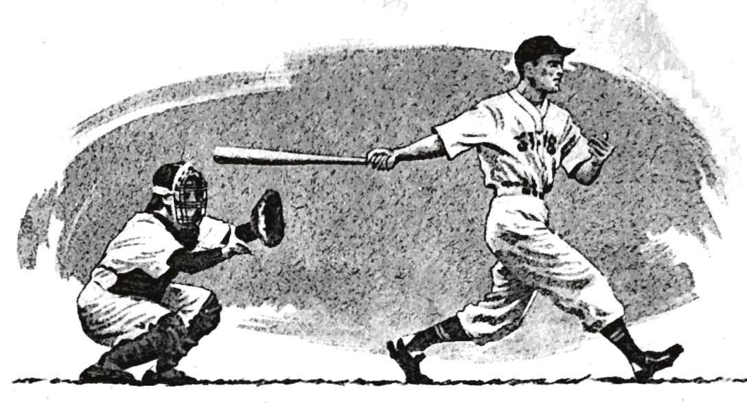 A batter at the end of his follow-through, bat still out in front of
                      him, while the catcher comes up out of his crouch with the mitt still
                      open. Drawn in wash over a brushed backdrop.